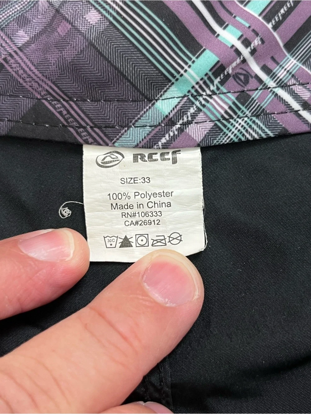 REEF Men’s Swim Board Shorts Trunks Black Drawstring Purple Trim Size 33